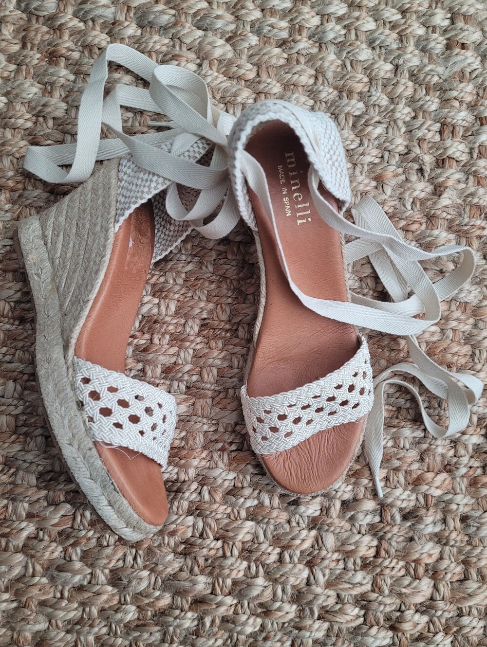 Minelli Off White Crochet Lace Up Espadrille Wedges Sandals French Sz 37 Resort